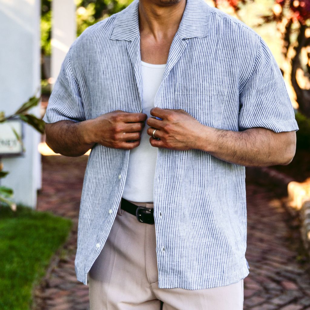 Linen Camp Shirt | White & Indigo