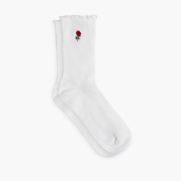 Women’s Ruffle Rib Quarter Sock | White x Rose Embroidery