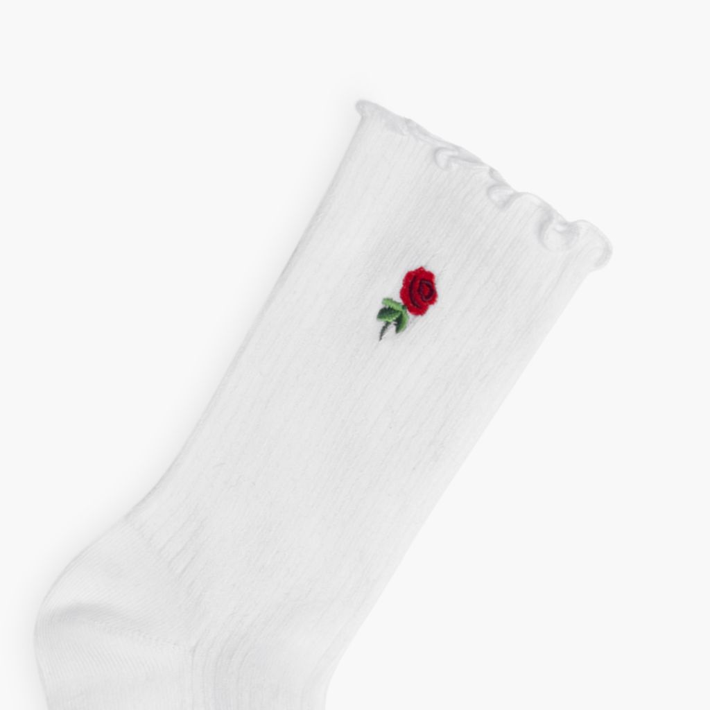 Women’s Ruffle Rib Quarter Sock | White x Rose Embroidery